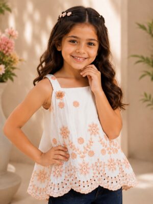Girls White Floral Embroidered Sleeveless Peplum Top | Casual Summer Cotton Top 3255-24-OWT PCH-FL