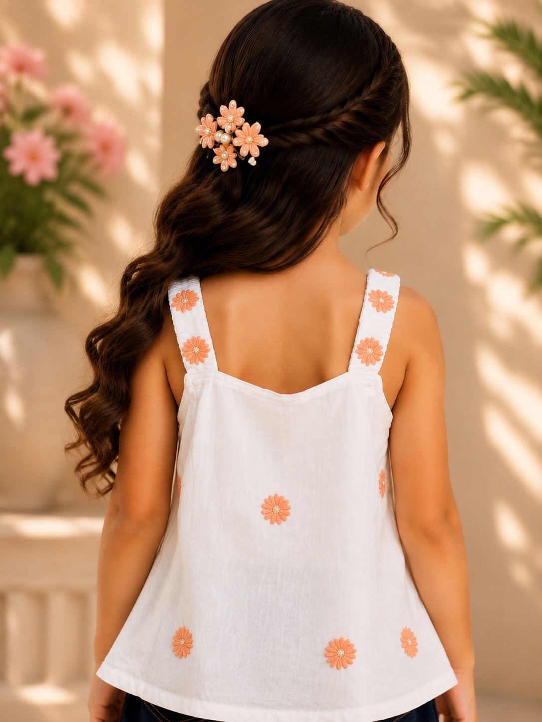 Girls White Floral Embroidered Sleeveless Peplum Top | Casual Summer Cotton Top 3255-24-OWT PCH-FL - Image 2