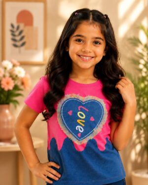 Girls Fuchsia Pink Heart Love Printed Cotton T-Shirt | Casual Half Sleeve Graphic Tee 2347-411-PNK DNM