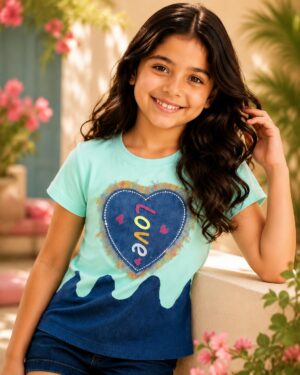 Girls Aqua Blue Heart Love Printed Cotton T-Shirt | Casual Half Sleeve Graphic Tee 2347-411-GRN DNM
