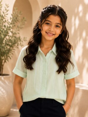 Girls Mint Green Pleated Cotton Shirt | Casual Half Sleeve Summer Top 28092-411-L GRN-PL
