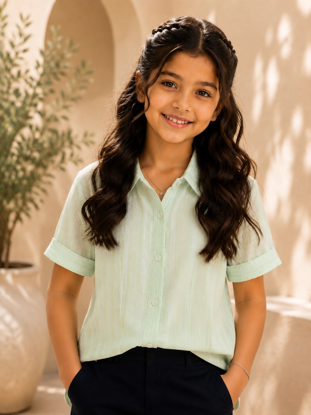 Girls Mint Green Pleated Cotton Shirt | Casual Half Sleeve Summer Top 28092-411-L GRN-PL