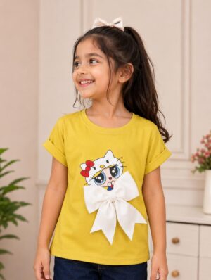 Girls Mustard Yellow Cartoon Bow Printed Cotton T-Shirt | Casual Half Sleeve Tee 2340-268-L MHND-PR