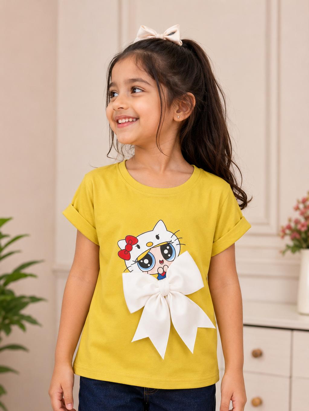 Girls Mustard Yellow Cartoon Bow Printed Cotton T-Shirt | Casual Half Sleeve Tee 2340-268-L MHND-PR
