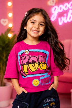 Girls Fuchsia Pink "YOO" Graphic Printed Cotton Oversized T-Shirt | Casual Half Sleeve Tee 16470-411-D PNK-PR