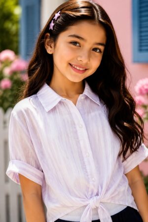 Girls Lavender Tie-Front Cotton Shirt | Casual Half Sleeve Summer Top28092-411-LVNR-PL