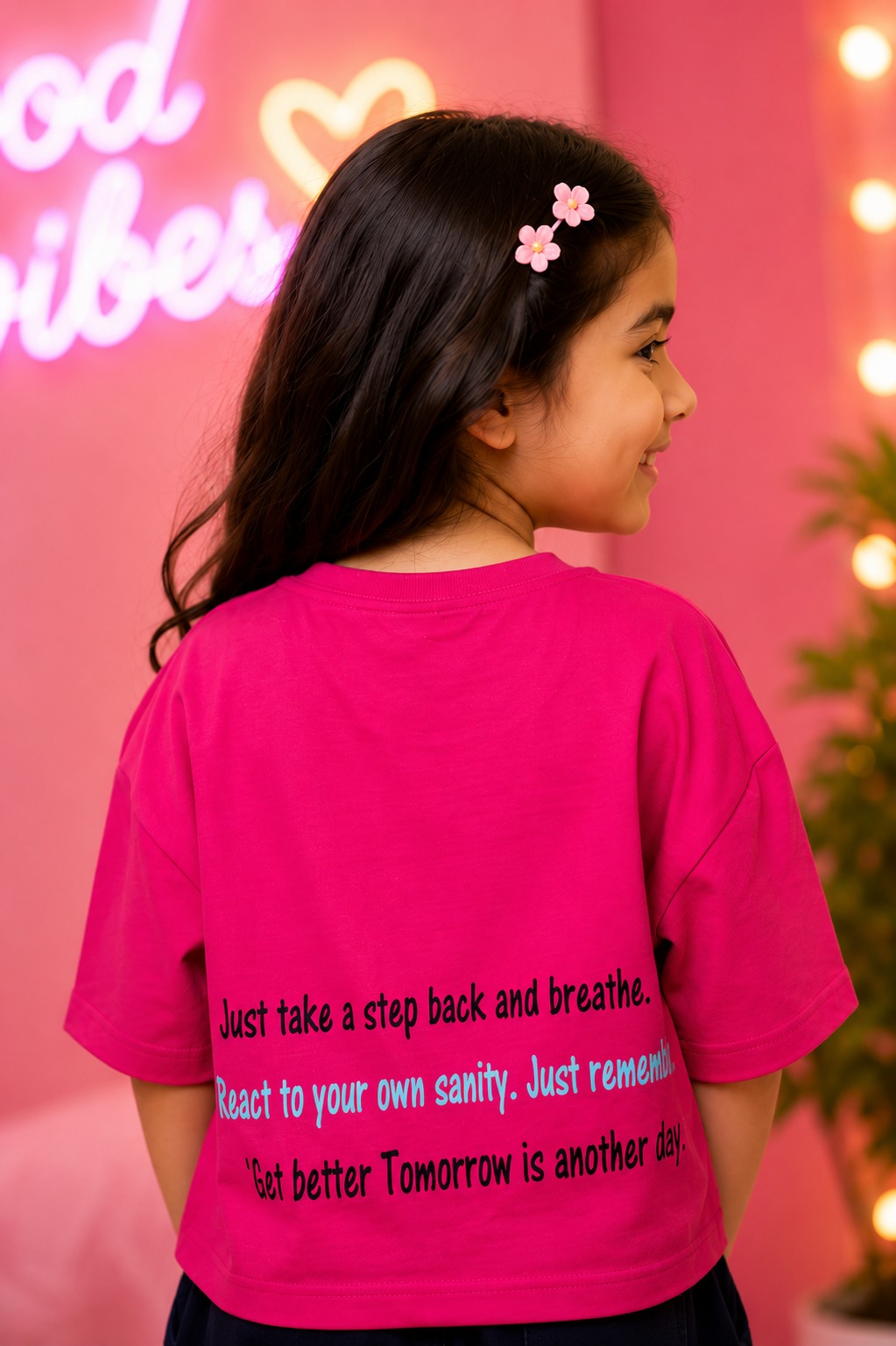 Girls Fuchsia Pink "YOO" Graphic Printed Cotton Oversized T-Shirt | Casual Half Sleeve Tee 16470-411-D PNK-PR - Image 2