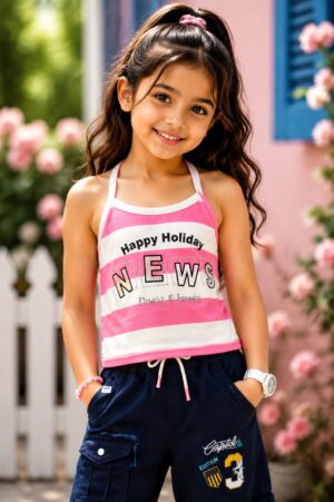 Girls White & Pink "Happy Holiday News" Printed Cotton Cami Top | Casual Sleeveless Summer Top 7826-394-PNK-PR