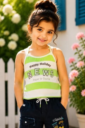 Girls White & Lime Green "Happy Holiday News" Printed Cotton Cami Top | Casual Sleeveless Summer Top 7826-394-WHT GRN-PR