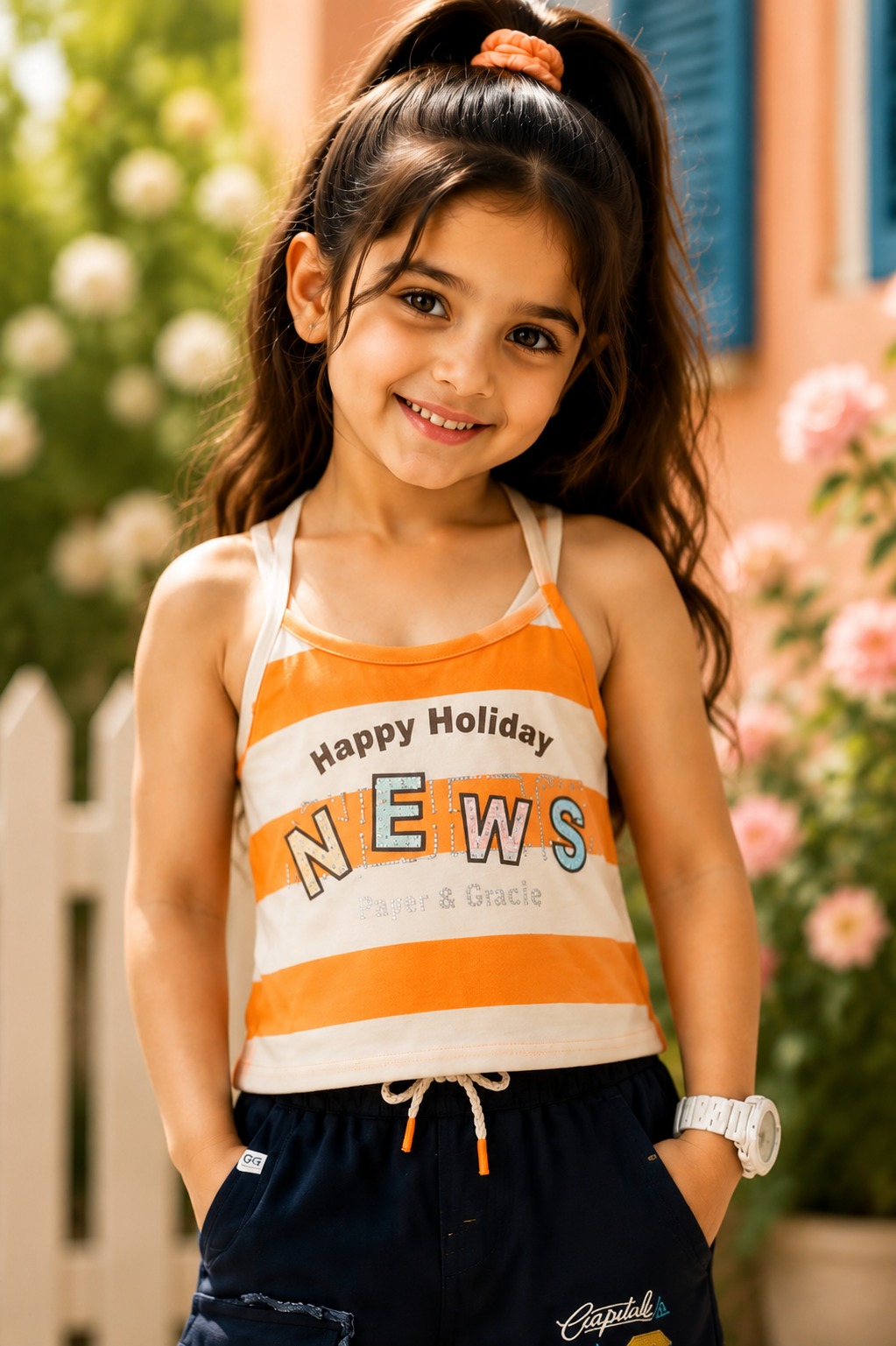 Girls White & Orange "Happy Holiday News" Printed Cotton Cami Top | Casual Sleeveless Summer Top 7826-394-WHT ORG-PR