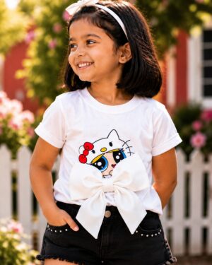 Girls White Cartoon Bow Printed Cotton T-Shirt | Casual Half Sleeve Tee 2340-268-WHT-PR