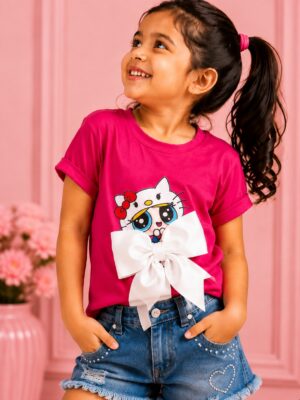 Girls Fuchsia Pink Cartoon Bow Printed Cotton T-Shirt | Casual Half Sleeve Tee 2340-268-D PNK-PR