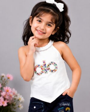 Girls White Butterfly Embellished Halter Neck Top | Casual Sleeveless Summer Top 10500-24-WHT-PT