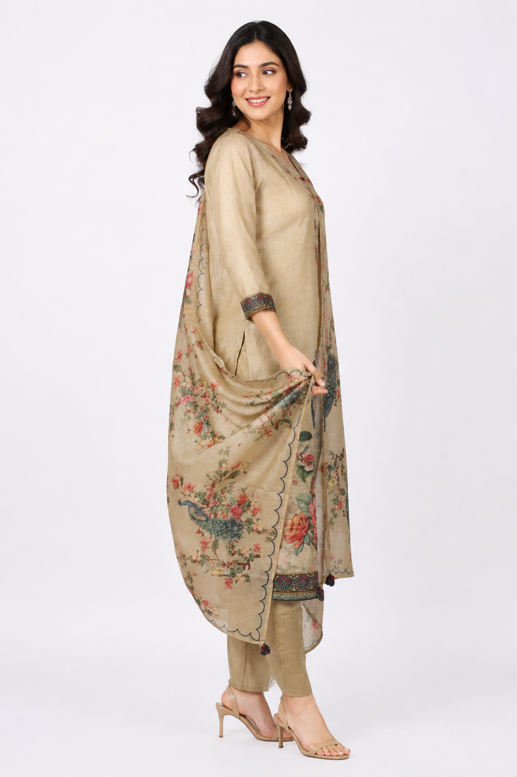Women's Beige Floral Printed Straight Kurta Pant with Dupatta Set | Embroidered Neck | Elegant Ethnic Wear | Regular Fit KKN195-449-FWN-PR - Image 2