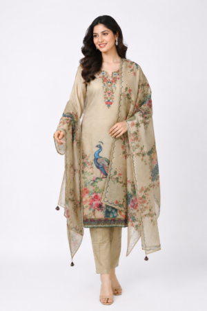Women's Beige Floral Printed Straight Kurta Pant with Dupatta Set | Embroidered Neck | Elegant Ethnic Wear | Regular Fit KKN195-449-FWN-PR