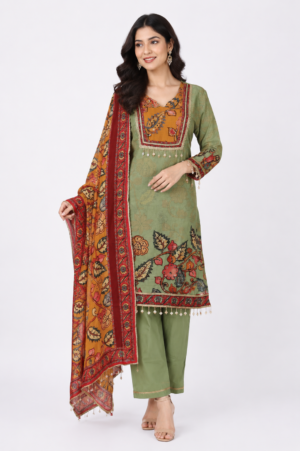 Women's Olive Green Floral Printed Straight Kurta Pant with Dupatta Set | Elegant Ethnic Wear | Regular Fit P1409-449-PGN-PR