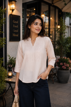 Women's Blush Pink Embroidered Cotton Top | V-Neck | 3/4 Sleeves | Relaxed Fit | Casual, Office & Daily Wear LD39-427-PCH-EM