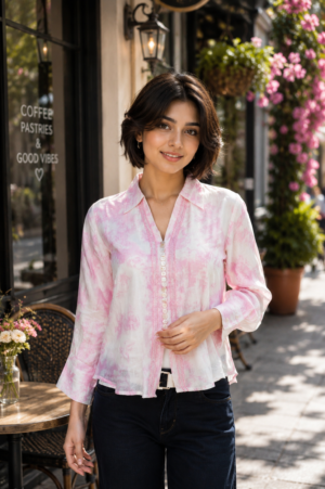 Women's Pink Tie-Dye Cotton Top | Embroidered V-Neck | 3/4 Sleeves | Relaxed Fit | Casual, Office & Daily Wear M10-405-PNK-PR