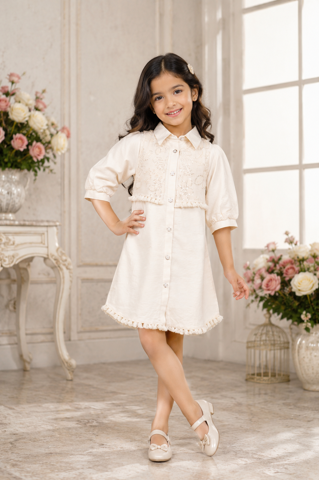 Girls Off-White Embroidered Cotton Shirt Dress with Waist Belt | Stylish Kids Casual Summer Wear M214-54-OWT-PT