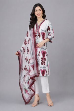 Women's White & Maroon Printed Straight Kurta Pant with Dupatta Set | Elegant Ethnic Wear | Regular Fit MDK013-346-WHT-PR