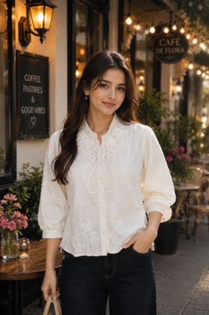Women's White Embroidered Cotton Top | Tie-Up V-Neck | 3/4 Sleeves | Casual, Office & Daily Wear NG19-441-OWT-EM