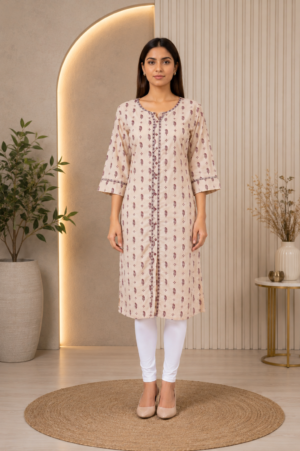 Women's Off-White Ethnic Printed Straight Kurta | 3/4 Sleeves | Regular Fit | Casual, Office & Daily Wear PK001-347-SKN-PPL-PR
