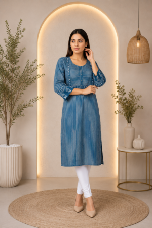 Women's Solid Denim Blue Straight Kurta | 3/4 Sleeves | Regular Fit | Casual, Office & Daily Wear PK006-347-CGN-PR