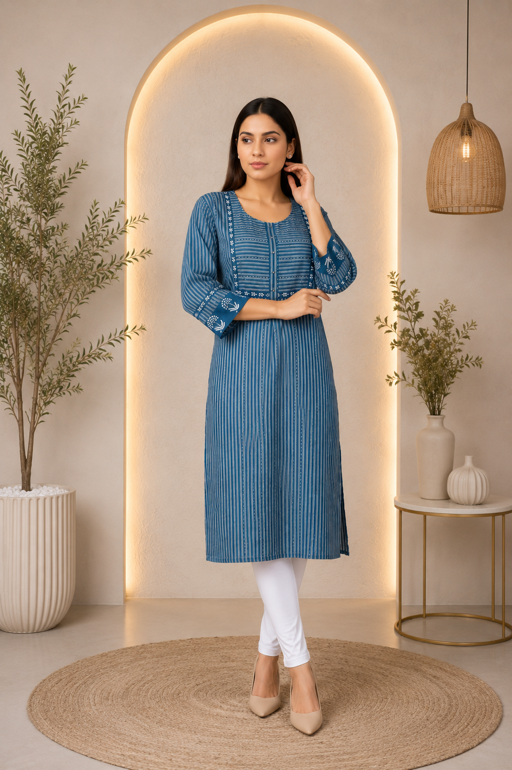 Women's Solid Denim Blue Straight Kurta | 3/4 Sleeves | Regular Fit | Casual, Office & Daily Wear PK006-347-CGN-PR