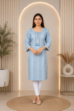 Women's Sky Blue Striped Straight Kurta with Embroidered Yoke | 3/4 Sleeves | Regular Fit | Casual, Office & Daily Wear PK006-347-LBU-PR