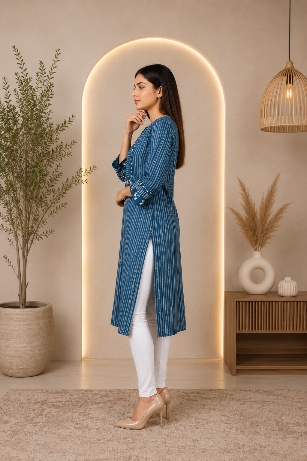Women's Solid Denim Blue Straight Kurta | 3/4 Sleeves | Regular Fit | Casual, Office & Daily Wear PK006-347-CGN-PR - Image 2