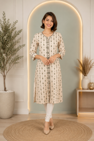 Women's Cream Ethnic Printed Straight Kurta | 3/4 Sleeves | Regular Fit | Casual, Office & Daily Wear PK007-347-SKN GRN-PR