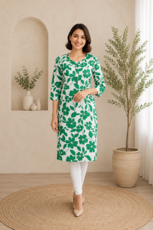 Women's Green Floral Printed Straight Kurta | 3/4 Sleeves | Regular Fit | Casual, Office & Daily Wear PO001-348-GRN-FL