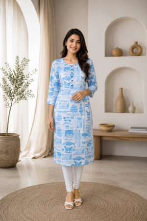 Women's Sky Blue Printed Straight Kurta | 3/4 Sleeves | Regular Fit | Casual, Office & Daily Wear PO002-348-WHT BLU-PR