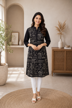 Women's Black Cotton Straight Kurti with Contemporary Abstract Print | Mandarin Collar | 3/4 Sleeves | Casual, Office & Daily Wear PO009-348-BLK-PR