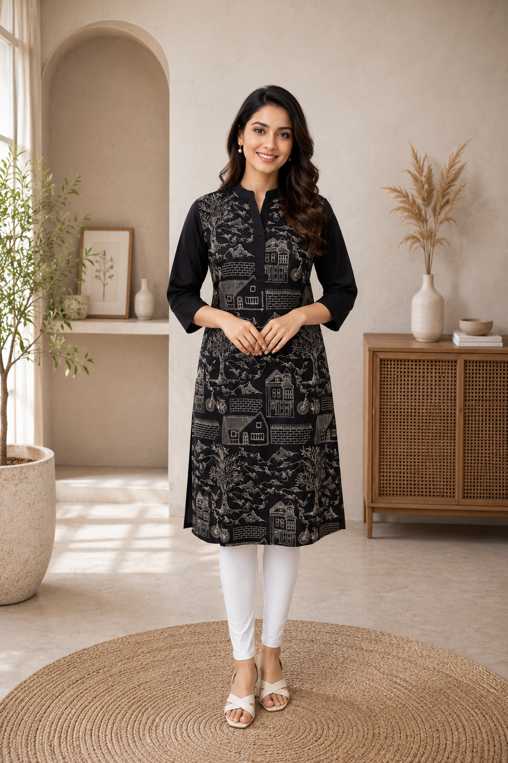 Women's Black Cotton Straight Kurti with Contemporary Abstract Print | Mandarin Collar | 3/4 Sleeves | Casual, Office & Daily Wear PO009-348-BLK-PR