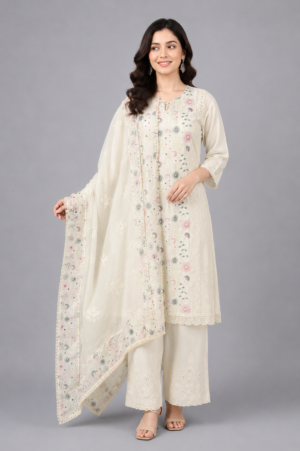 Women's Off White Floral Printed Straight Kurta Pant with Dupatta Set | Elegant Ethnic Wear | Regular Fit RF01-449-CRM-PR
