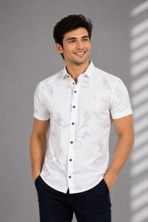 Men's White Floral Printed Slim Fit Casual Shirt | Half Sleeves | Button-Down | Cotton Blend | Casual, Party & Everyday Wear SG10-447-WT-PR