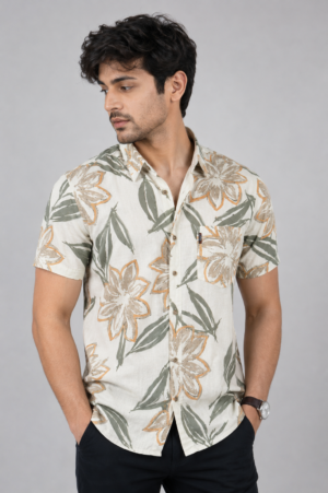Men's White Tropical Floral Printed Slim Fit Half Sleeve Casual Shirt | Soft Cotton Blend | Summer & Vacation Wear SG20-447-LMN-PR
