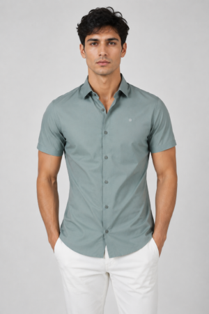 Men's Solid Sage Green Slim Fit Half Sleeve Casual Shirt | Soft Cotton Blend | Stylish Everyday Wear SG21-447-PST