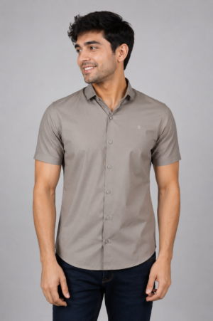 Men's Solid Taupe Slim Fit Half Sleeve Casual Shirt | Soft Cotton Blend | Smart Casual & Everyday Wear SG21-447-MSE