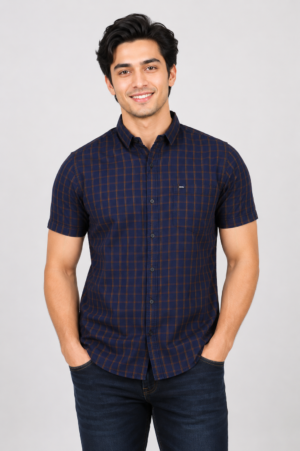 Men's Navy Blue Checked Slim Fit Half Sleeve Casual Shirt | Soft Cotton Blend | Smart Casual & Everyday Wear SG22-NV BLU-CHK