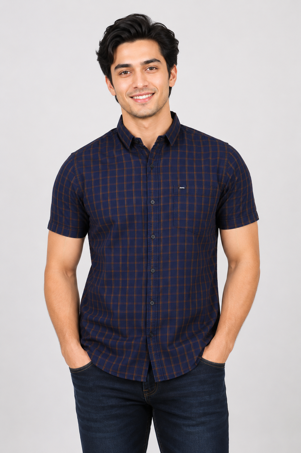 Men's Navy Blue Checked Slim Fit Half Sleeve Casual Shirt | Soft Cotton Blend | Smart Casual & Everyday Wear SG22-NV BLU-CHK