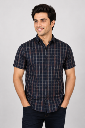 Men's Navy Blue Checked Slim Fit Half Sleeve Casual Shirt | Soft Cotton Blend | Stylish Smart Casual Wear SG22-447-BLU-CHK