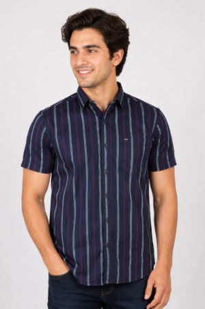 Men's Navy Blue Vertical Striped Slim Fit Half Sleeve Casual Shirt | Soft Cotton Blend | Smart Casual & Everyday Wear SG22-447-NBU-LN