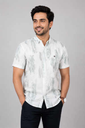 Men's White Abstract Printed Slim Fit Half Sleeve Casual Shirt | Soft Cotton Blend | Stylish Summer & Everyday Wear SG23-447-WHT GRN-PR