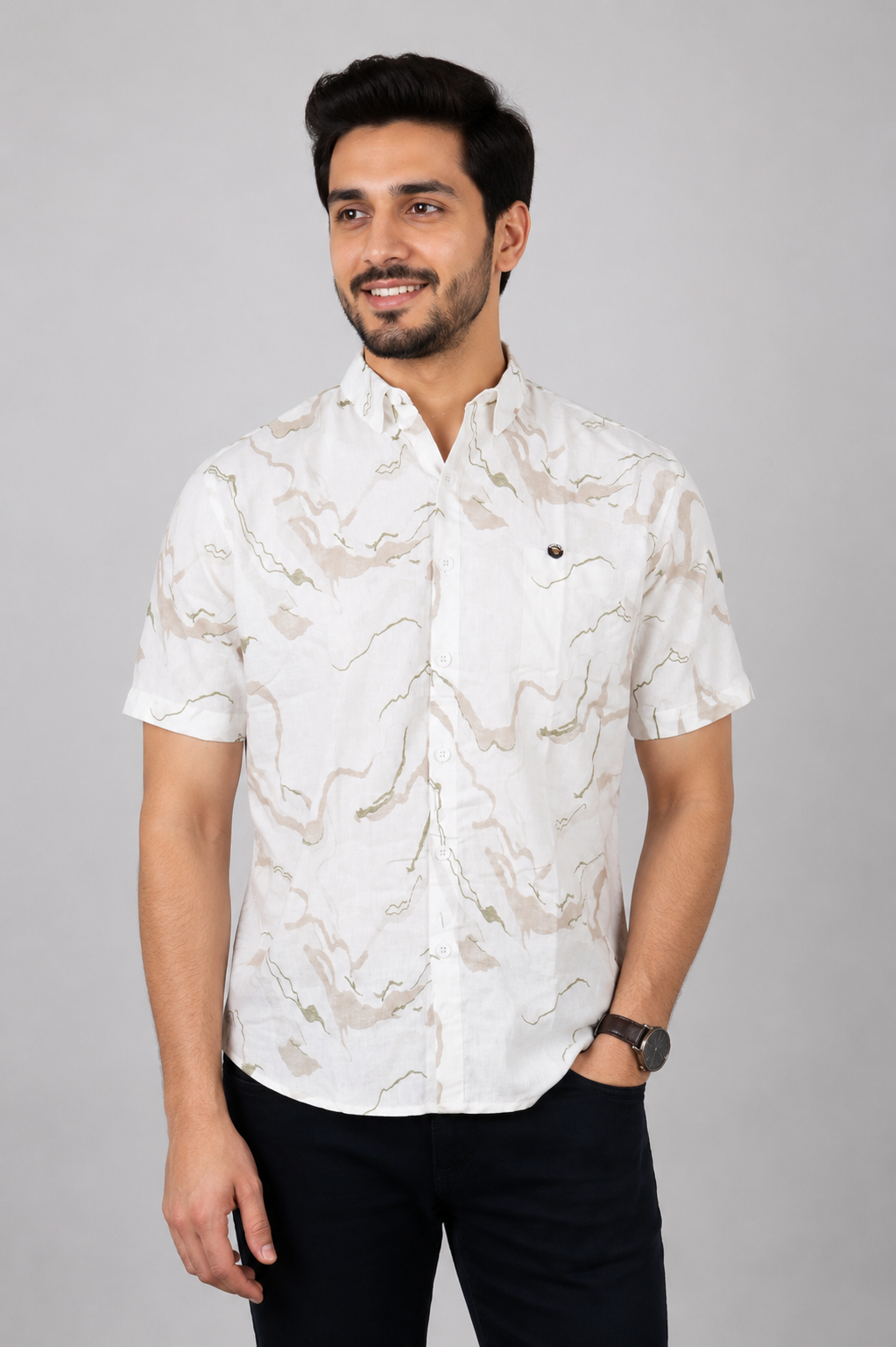 Men's White Marble Print Slim Fit Half Sleeve Casual Shirt | Soft Cotton Blend | Stylish Summer & Everyday Wear SG23-447-OWT CML-PR