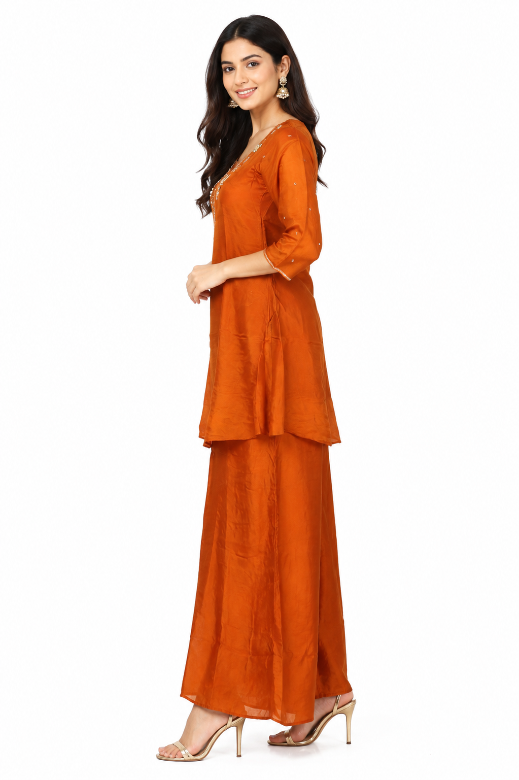 Women's Rust Orange Embroidered Kurta & Palazzo Set | Straight Fit | 3/4 Sleeves | Ethnic Festive Wear SI02-418-RST-PL - Image 2