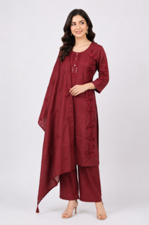 Women's Wine Embroidered Kurta Pant Set with Dupatta | Round Neck | 3-Piece Ethnic Suit | Festive, Party & Wedding Wear SL02-445-MRN-PR