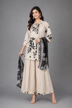 Women's Beige & Black Floral Printed Kurta, Palazzo Pants & Dupatta Set – Elegant Ethnic Wear SL05-445-BEG BLK-PR