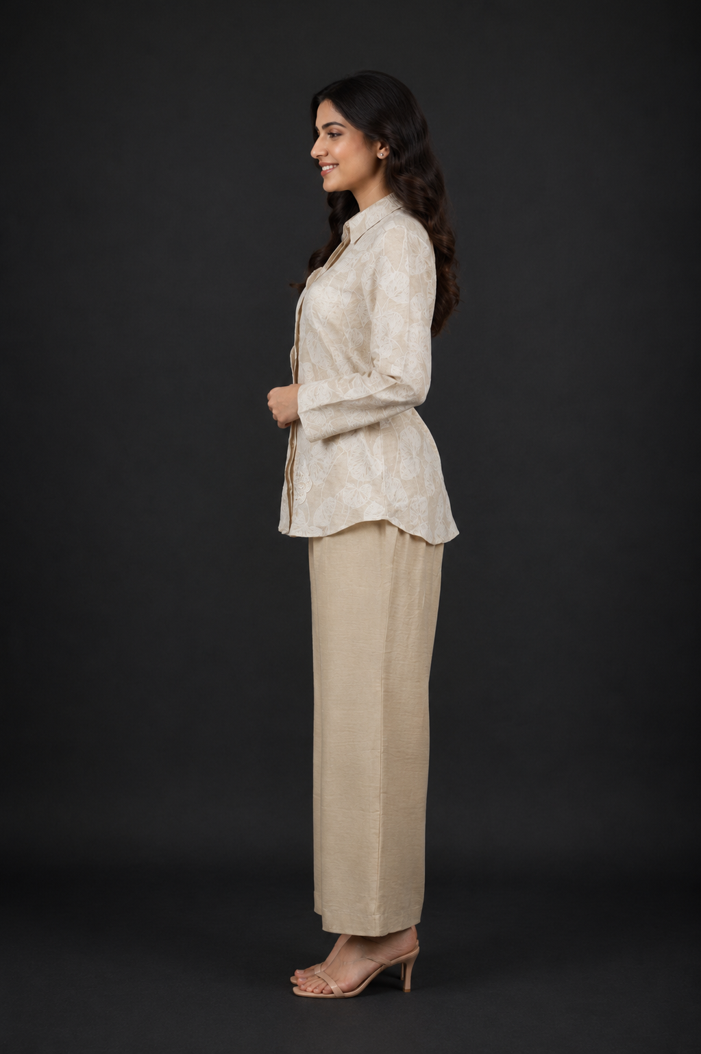 Women's Beige Textured Co-Ord Set with Full Sleeve Shirt & Wide-Leg Pants | Elegant Casual Wear V10-417-BEG-PR - Image 2